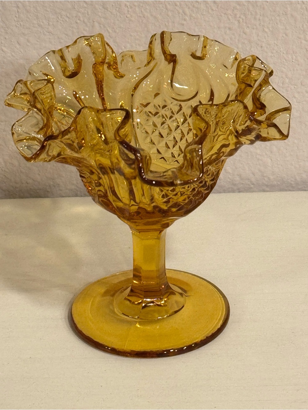 Vintage Fenton Amber Ruffled Pedestal Compote